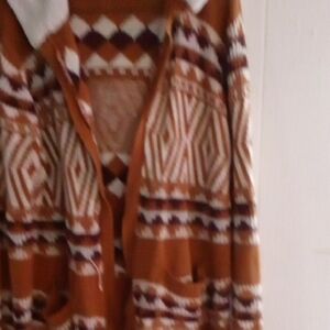 Rust Aztec Knit Cardigan with Cream and Brown Pattern